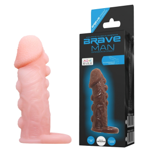 Эластичная насадка презерватив на пенис с пупырышками и кольцом под мошонку телесная Brave Men