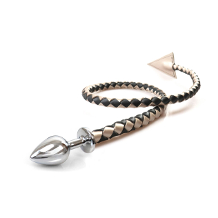 Металлическая анальная пробка с дьявольским хвостом из экокожи черно золотого цвета Art of Sex размер M