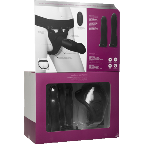 Набір для страпона з вібрацією з трьома силіконовими насадками Doc Johnson Body Extensions-BE Naughty-Black 10 функцій вібрації - 8