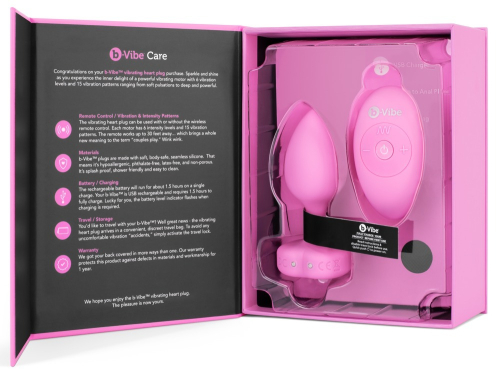 Анальна вібропробка з камінчиком у формі серця та пультом керування рожевого кольору B Vibe розміри S M - 7