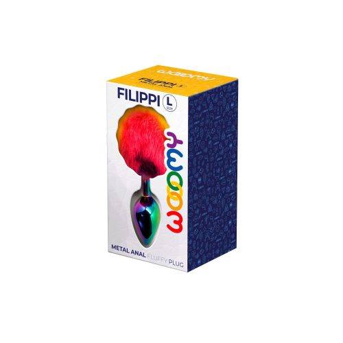 Анальная металлическая пробка с хвостиком радужного цвета Wooomy Filippi размер L - 3