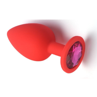 Силиконовая анальная пробка красного цвета с розовым кристаллом SKN размер S