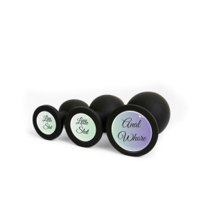 Анальная пробка силиконовая черная с надписью Little Slut OKOVA размер L