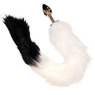 Анальная металлическая пробка золотистого цвета с лисьим черно белым хвостом Loveshop размер S