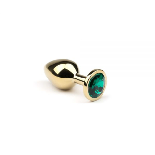 Анальная пробка золотистая с зеленым кристаллом из металла размер: S