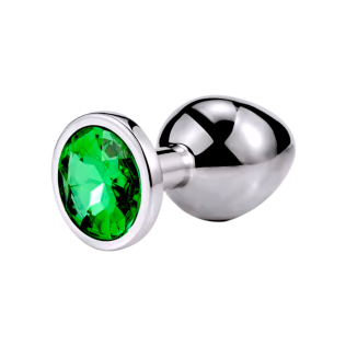 Металлическая анальная пробка серебристая с зеленым камушком Sexy desires размер М