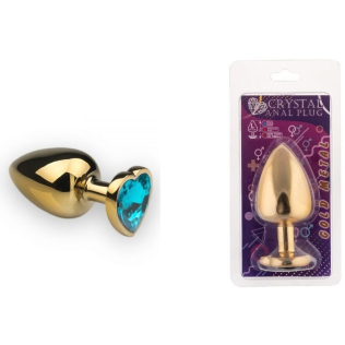 Анальная пробка золотая с голубым кристаллом в виде сердца размер L