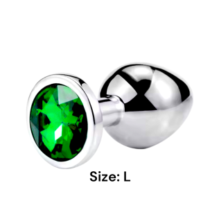 Металлическая анальная пробка серебристая с зеленым камушком Sexy desires размер L