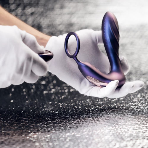 Вибромассажёр простаты с эрекционным кольцом для члена и пультом ДУ фиолетового цвета Hueman - 6