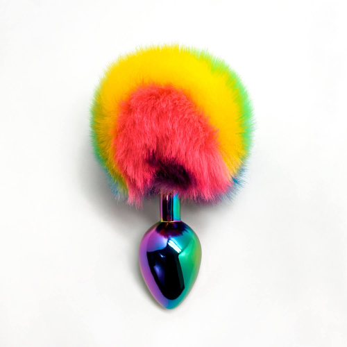 Анальная металлическая пробка с хвостиком радужного цвета Wooomy Filippi размер L - 2