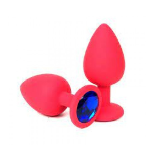 Анальная пробка силиконовая красного цвета с синим кристалом Crystal Sapphire размер S