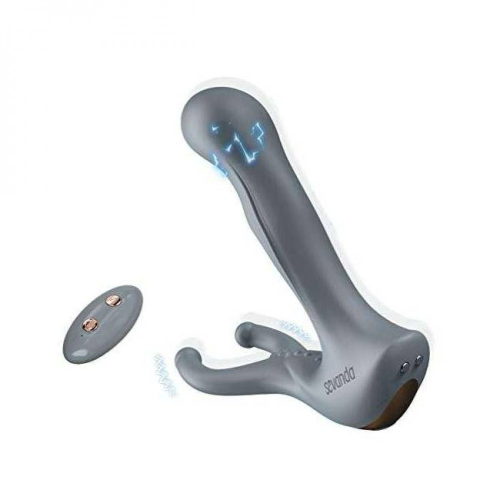 Вибратор для простаты с эрекционным кольцом и пультом дистанционного управления серого цвета Lockink - 1