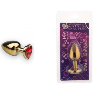 Анальная пробка золотая с красным камнем в виде сердца размер S