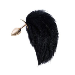 Анальная пробка золотистого цвета с черным хвостиком лисы Romfun Fox Tail 