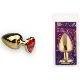 Анальная пробка золотая с красным камнем в виде сердца размер L